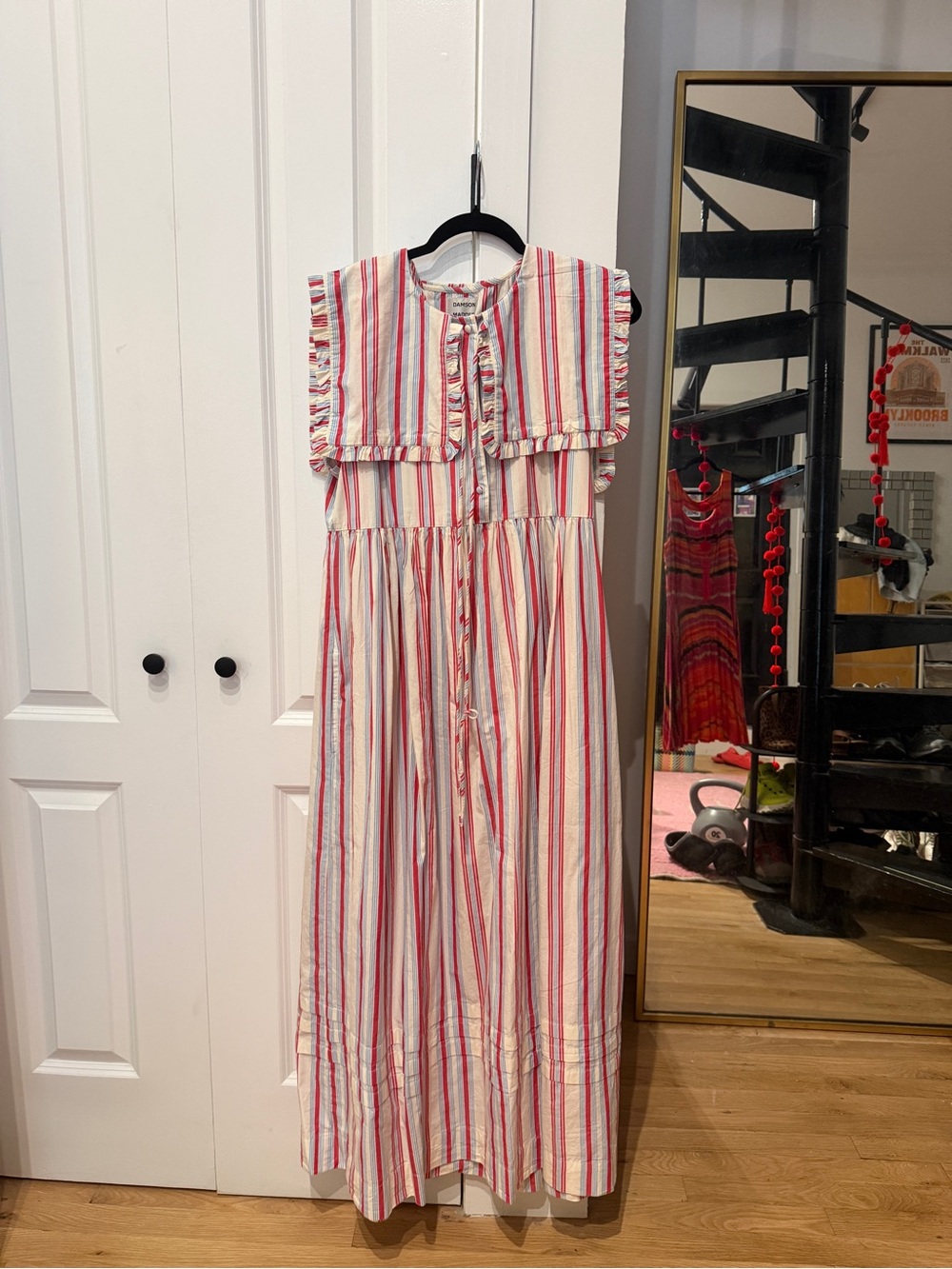 Sleeveless Pink & White Striped Maxi Dress with Ruffle Yoke